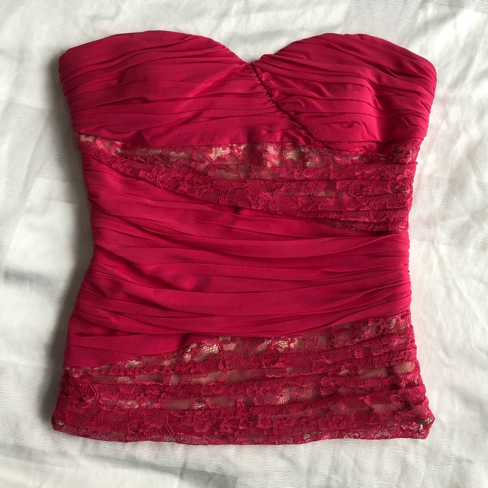 bebe Hot Pink Strapless Lace-Trim Ruched Tank